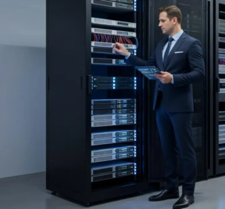 Administrator IT pracujący w serwerowni nad konfiguracją systemów