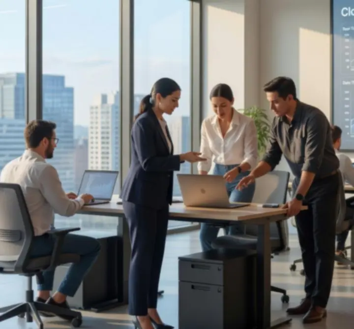 Zespół biurowy pracujący z wykorzystaniem rozwiązań chmurowych