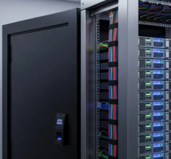 Szafa serwerowa z infrastrukturą data center zarządzaną przez administratora IT