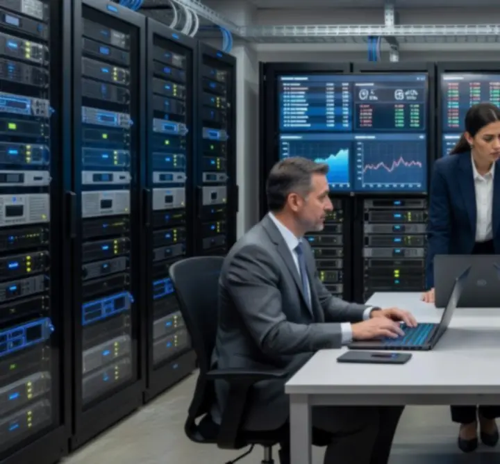 Zespół specjalistów IT pracujący w serwerowni